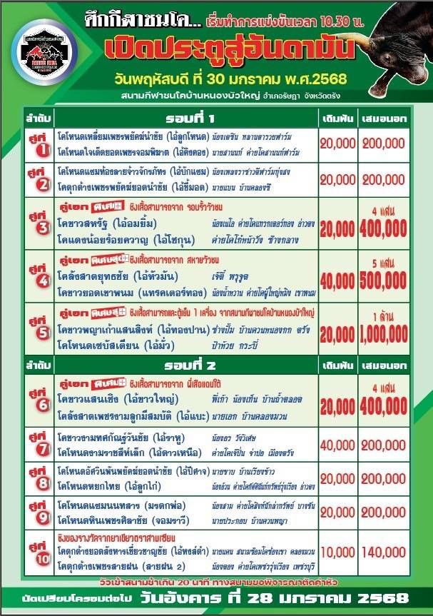 You are currently viewing ใบวัว  สนามกีฬาชนโคหนองบัวใหญ่ 30 มกราคม 2568