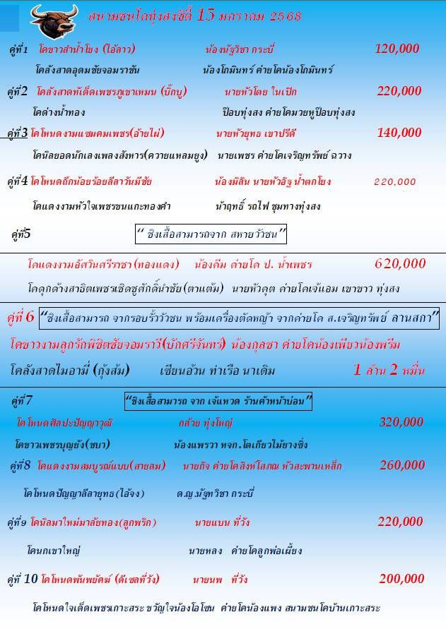 You are currently viewing ใบวัว สนามกีฬาชนโคทุ่งสง 15 มกราคม 2568