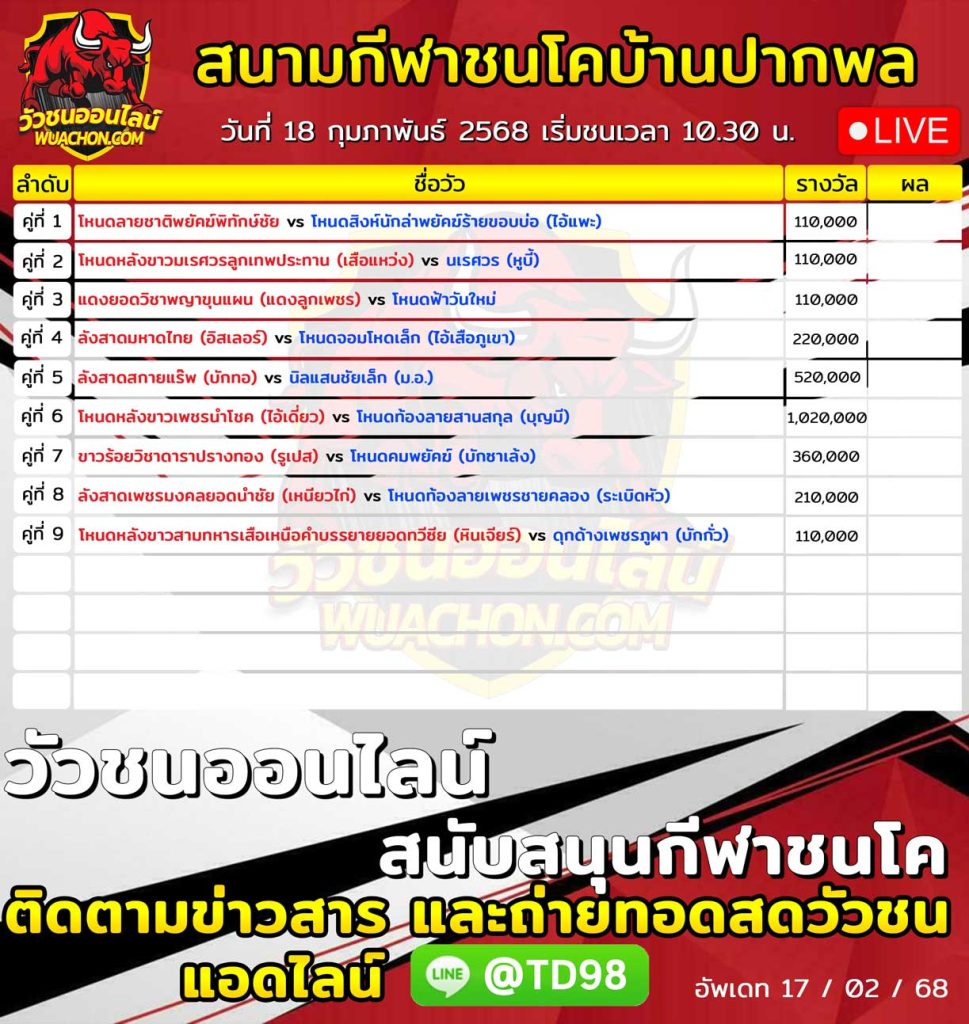 ใบวัว สนามกีฬาชนโคบ้านปากพล 18 กุมภาพันธ์ 2568 - วัวชนออนไลน์ : โปรแกรม ...