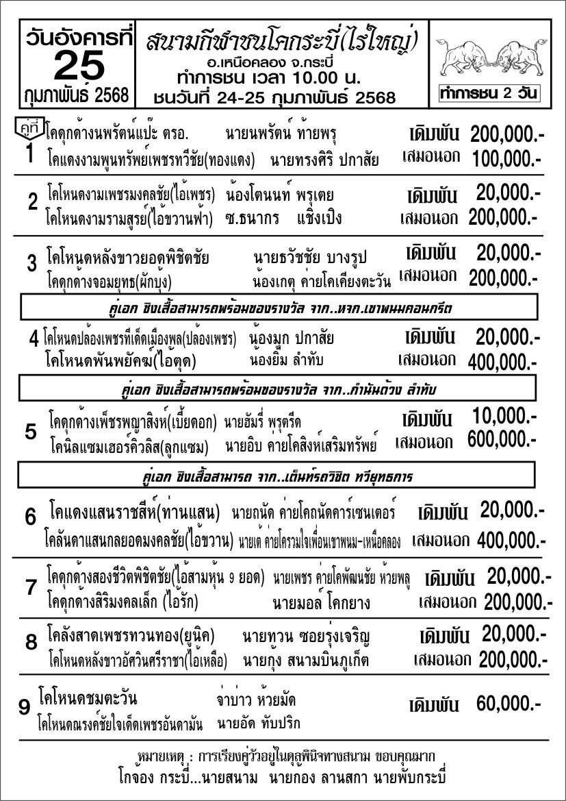 You are currently viewing ใบวัว สนามกีฬาชนโคบ้านไร่ใหญ่ กระบี่ 25 กุมภาพันธ์ 2568
