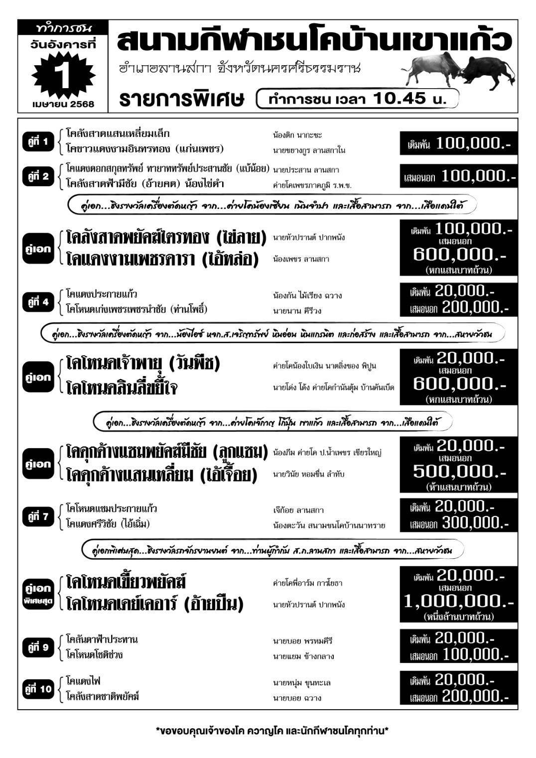 You are currently viewing ใบวัว สนามกีฬาชนโคเขาแก้ว 1 เมษายน 2568 รายการวัวชน