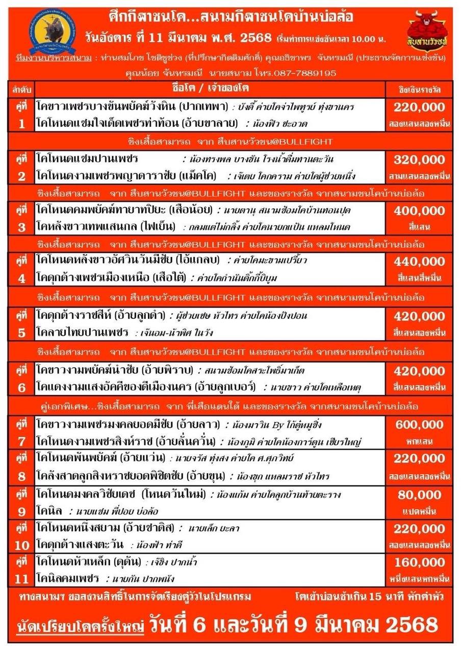 You are currently viewing ใบวัว สนามกีฬาชนโคบ้านบ่อล้อ 11 มีนาคม 2568 รายการวัวชน