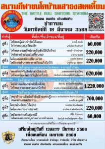 Read more about the article ใบวัว สนามกีฬาชนโคเสาธง 16 มีนาคม 2568 รายการวัวชน