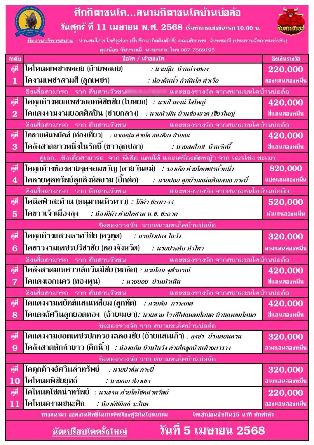 You are currently viewing โปรแกรมวัวชน สนามกีฬาชนโคบ้านบ่อล้อ 11 เมษายน 2568 รายการวัวชน