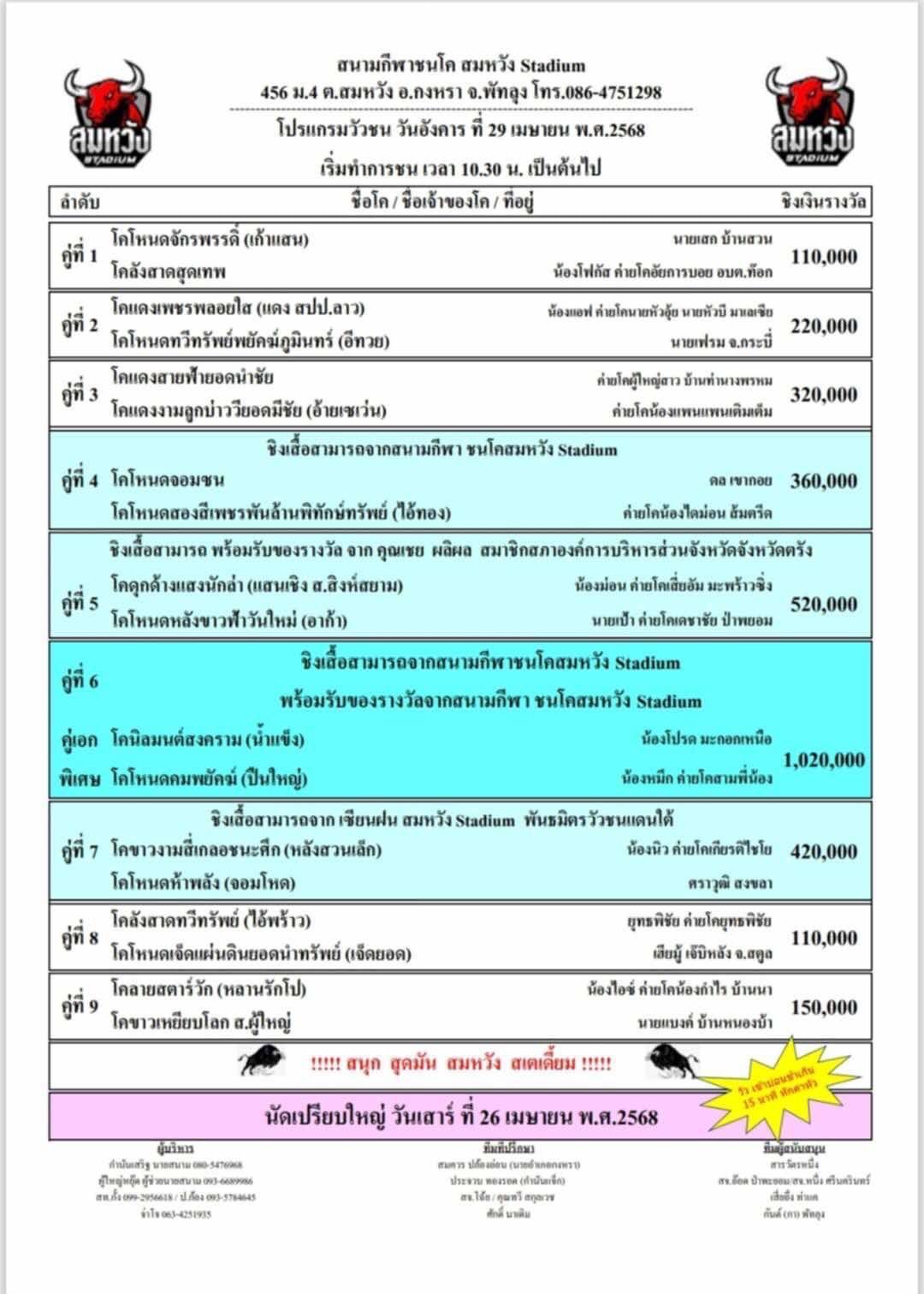 You are currently viewing โปรแกรมวัวชน สนามกีฬาชนโคสมหวัง 29 เมษายน 2568 รายการวัวชน