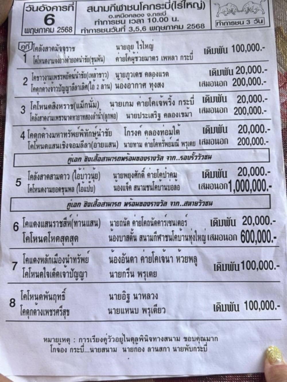 You are currently viewing โปรแกรมวัวชน สนามกีฬาชนโคไร่ใหญ่-กระบี่ 6 พฤษภาคม 2568 รายการวัวชน