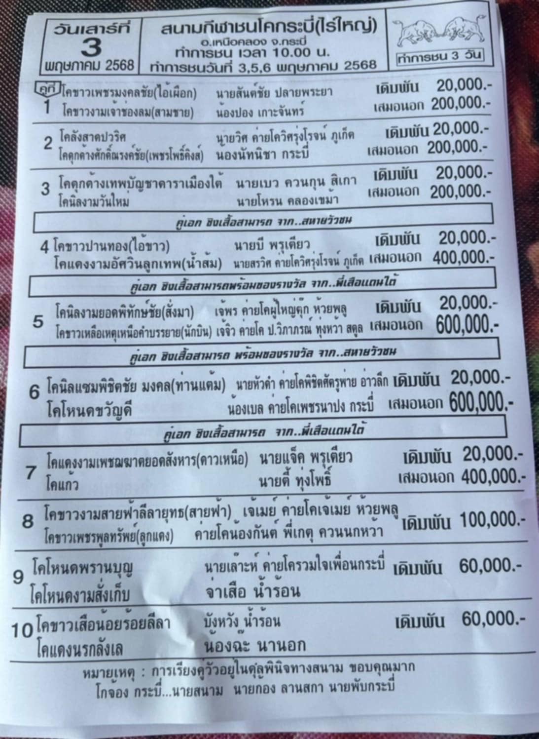 You are currently viewing โปรแกรมวัวชน สนามกีฬาชนโคไร่ใหญ่-กระบี่ 3 พฤษภาคม 2568 รายการวัวชน