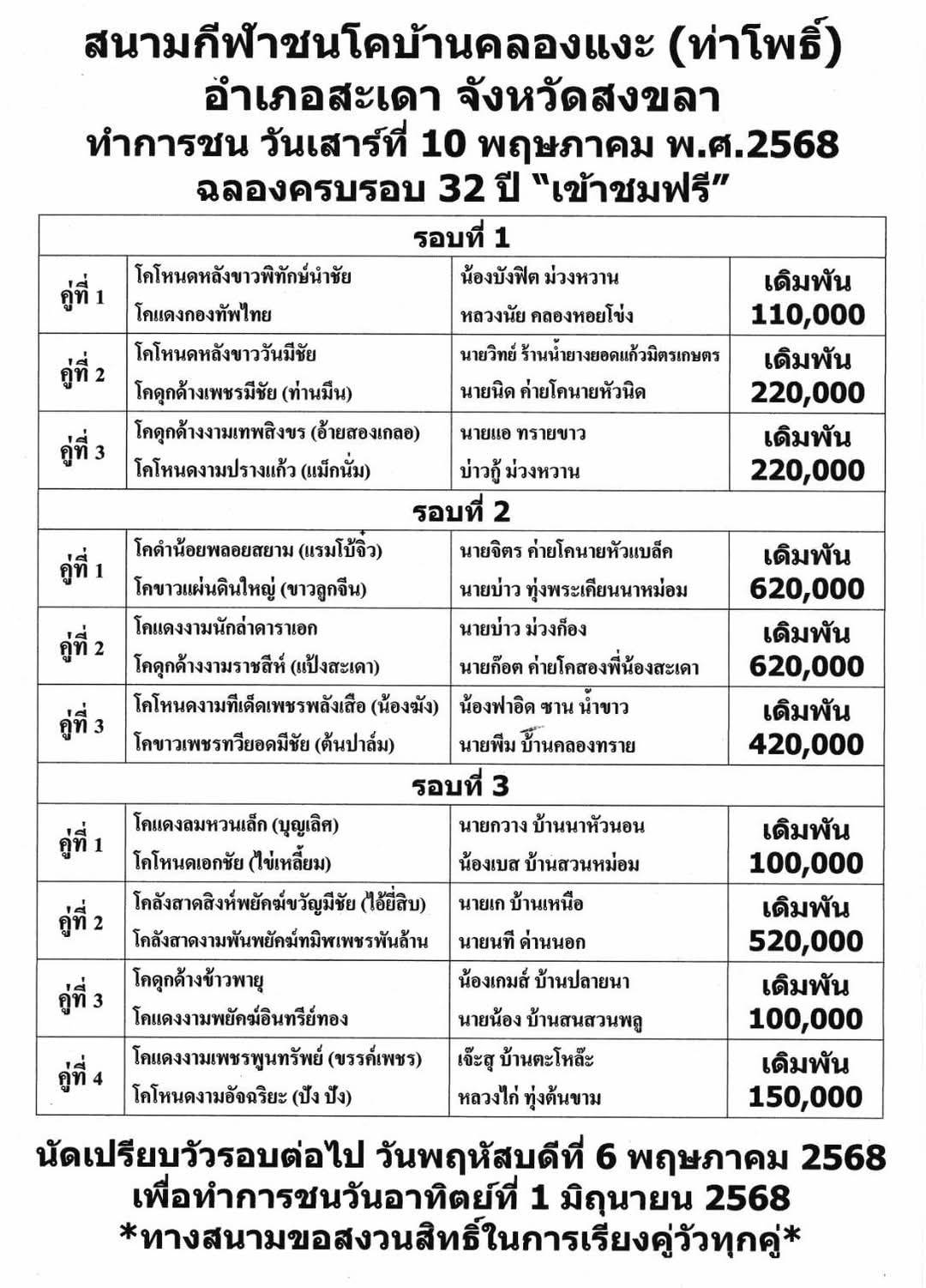 You are currently viewing โปรแกรมวัวชน สนามกีฬาชนโคบ้านคลองแงะ 10 พฤษภาคม 2568 รายการวัวชน