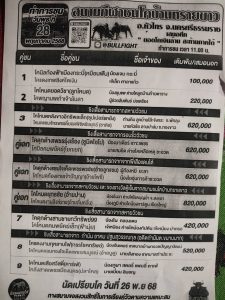 Read more about the article โปรแกรมวัวชน สนามกีฬาชนโคทรายขาว 28 พฤษภาคม 2568 รายการวัวชน