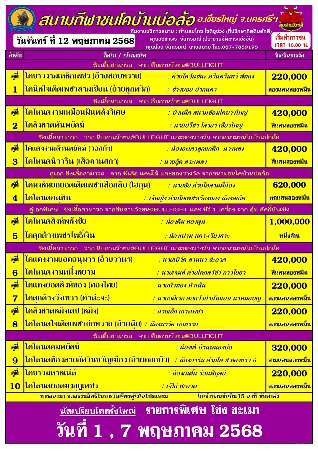 You are currently viewing โปรแกรมวัวชน สนามกีฬาชนโคบ้านบ่อล้อ 12 พฤษภาคม 2568 รายการวัวชน