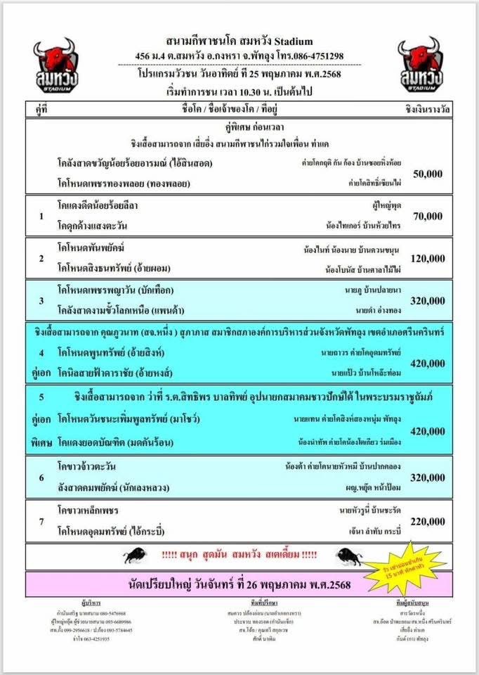 You are currently viewing โปรแกรมวัวชน สนามกีฬาชนโคสมหวัง 25 พฤษภาคม 2568 รายการวัวชน
