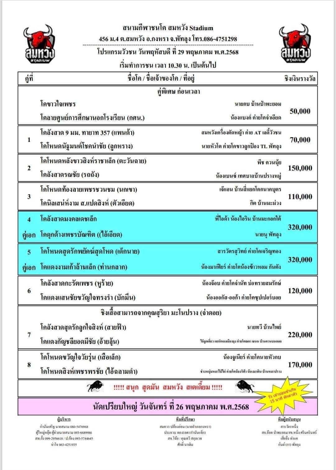 You are currently viewing โปรแกรมวัวชน สนามกีฬาชนโคสมหวัง 29 พฤษภาคม 2568 รายการวัวชน