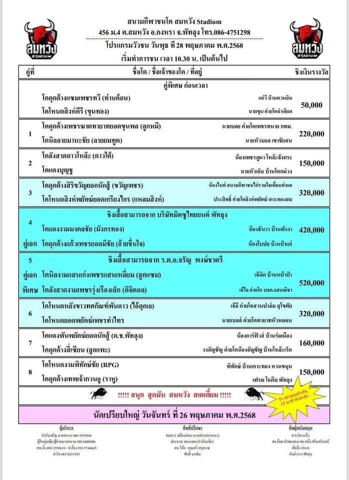 You are currently viewing โปรแกรมวัวชน สนามกีฬาชนโคสมหวัง 28 พฤษภาคม 2568 รายการวัวชน