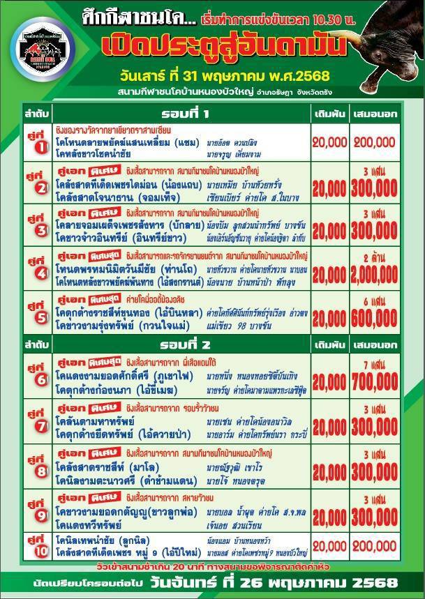 You are currently viewing โปรแกรมวัวชน สนามกีฬาชนโคหนองบัวใหญ่ 31 พฤษภาคม 2568 รายการวัวชน
