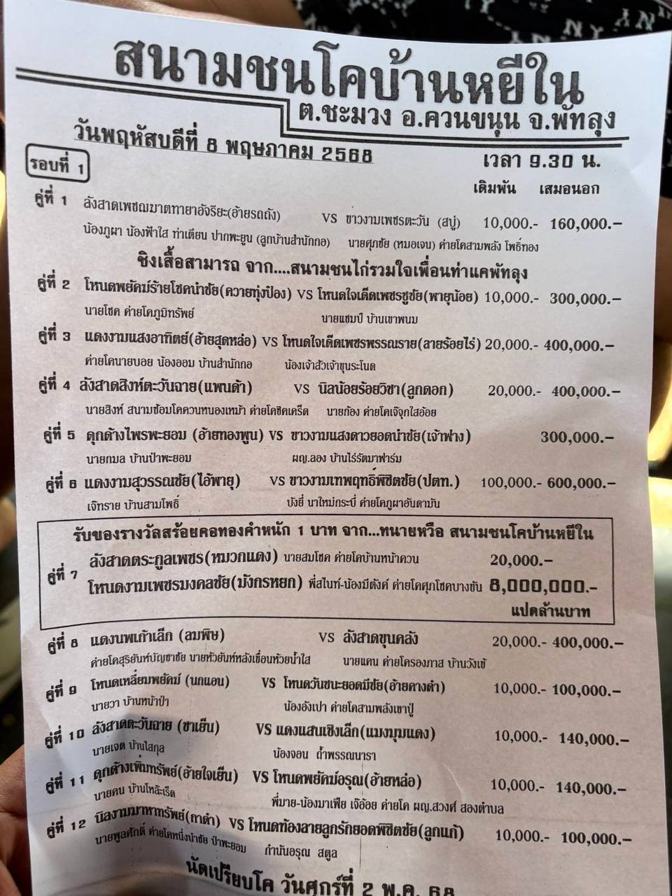 You are currently viewing โปรแกรมวัวชน สนามกีฬาชนโคบ้านหยีใน  8 พฤษภาคม 2568 รายการวัวชน