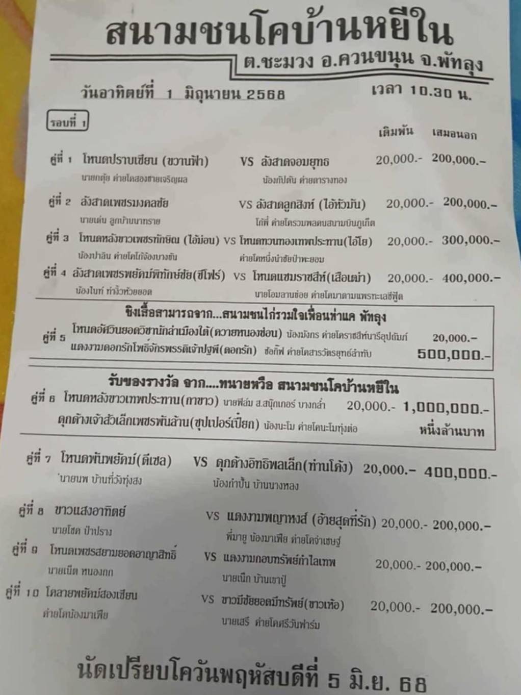 You are currently viewing โปรแกรมวัวชน สนามกีฬาชนโคบ้านหยีใน 1 มิถุนายน 2568 รายการวัวชน