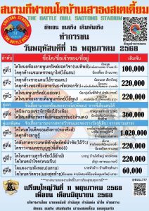 Read more about the article โปรแกรมวัวชน สนามกีฬาชนโคเสาธง 15 พฤษภาคม 2568 รายการวัวชน