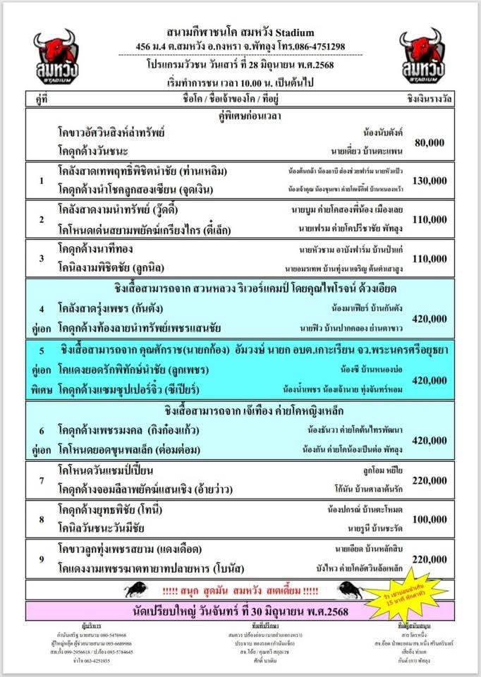 You are currently viewing โปรแกรมวัวชน สนามกีฬาชนโคสมหวัง  28 มิถุนายน 2568 รายการวัวชน