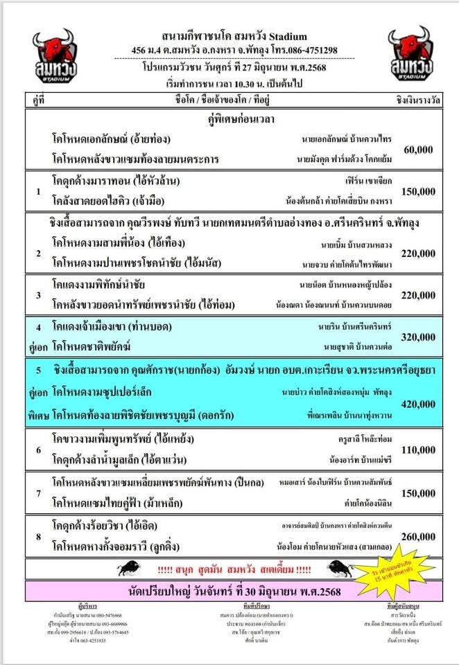 You are currently viewing โปรแกรมวัวชน สนามกีฬาชนโคสมหวัง 27 มิถุนายน 2568 รายการวัวชน