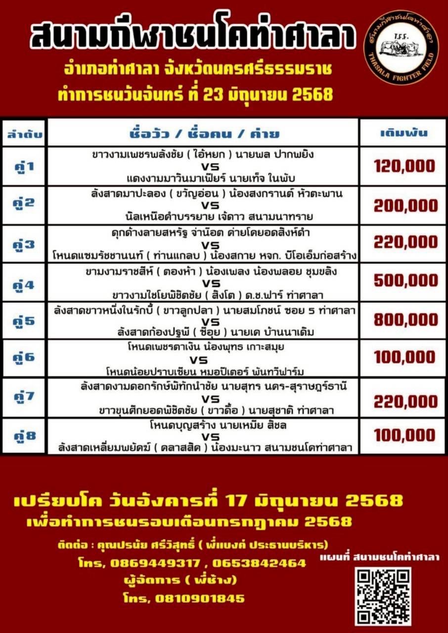 You are currently viewing โปรแกรมวัวชน สนามกีฬาชนโคท่าศาลา 22 มิถุนายน 2568 รายการวัวชน
