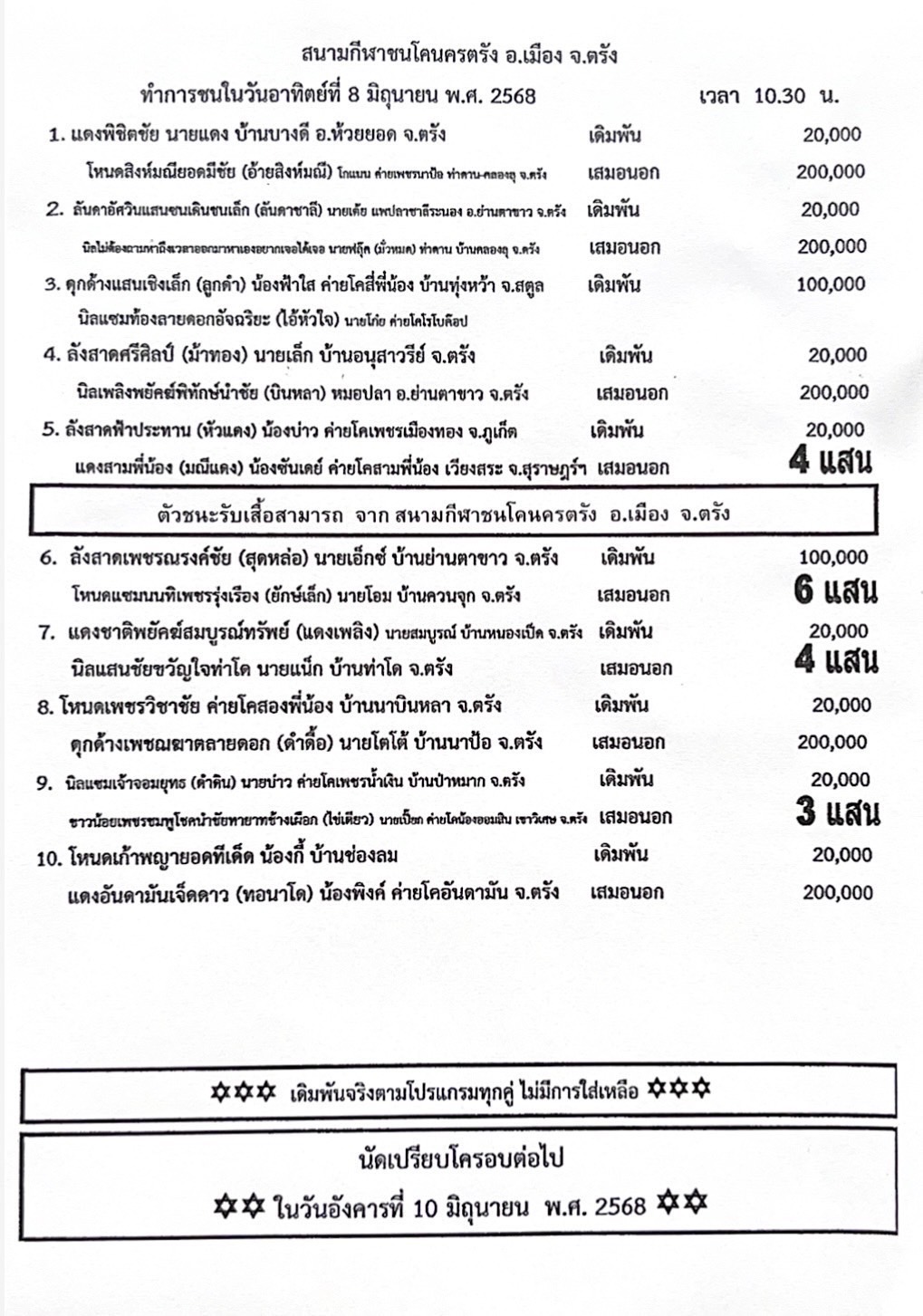 You are currently viewing โปรแกรมวัวชน สนามกีฬาชนโค นครตรัง 8 มิถุนายน 2568 รายการวัวชน