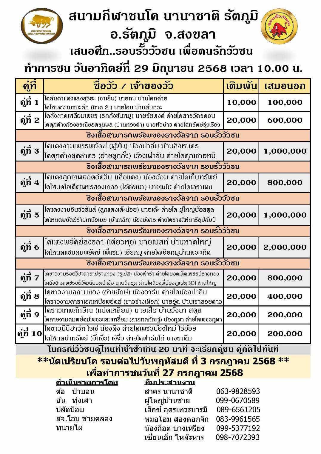 You are currently viewing โปรแกรมวัวชน สนามกีฬาชนโคนานาชาติ 29 มิถุนายน 2568 รายการวัวชน