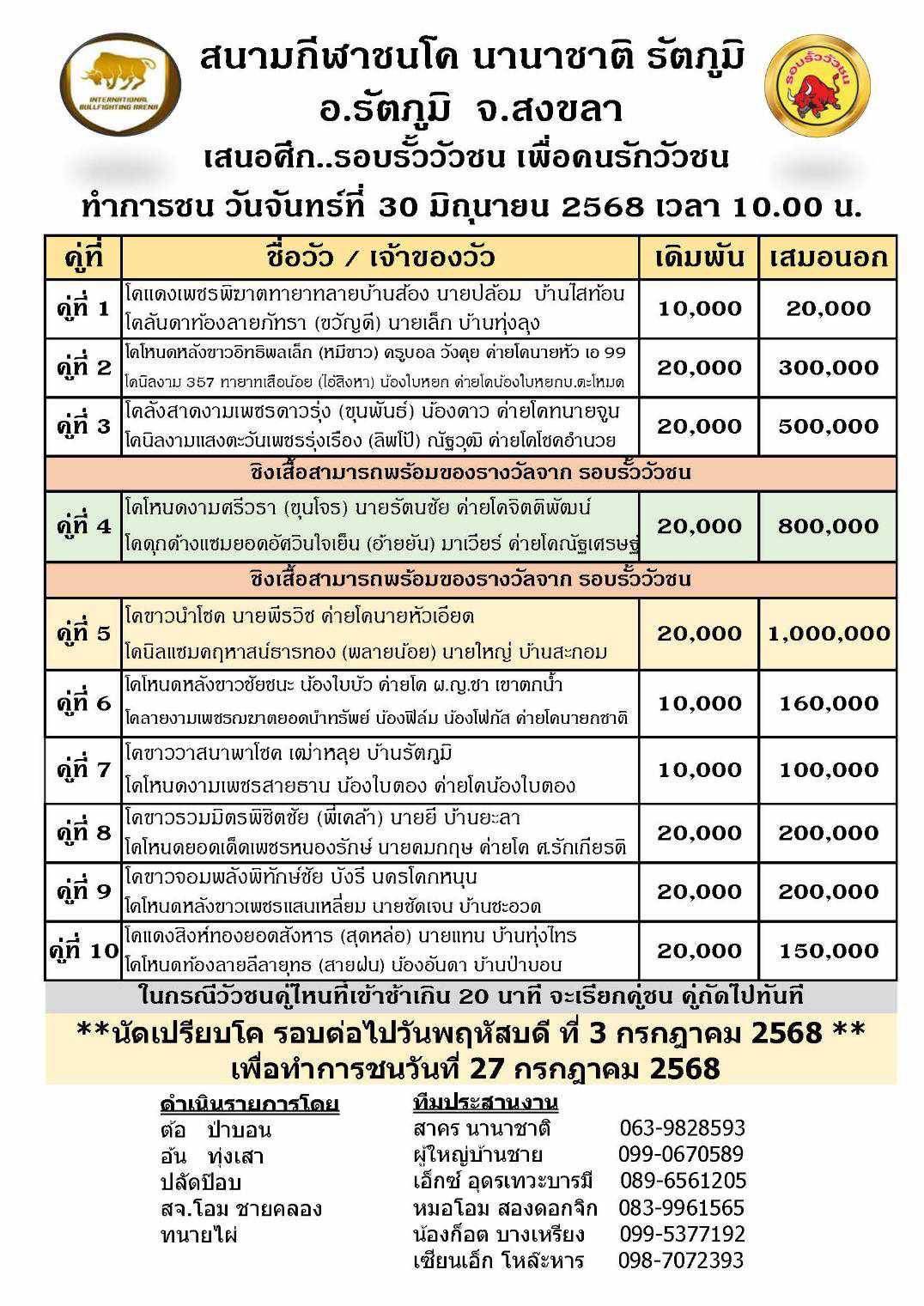 You are currently viewing โปรแกรมวัวชน สนามกีฬาชนโคนานาชาติ 30 มิถุนายน 2568 รายการวัวชน