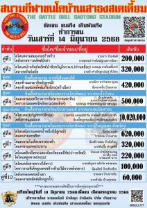 Read more about the article โปรแกรมวัวชน สนามกีฬาชนโค เสาธง 14 มิถุนายน 2568 รายการวัวชน