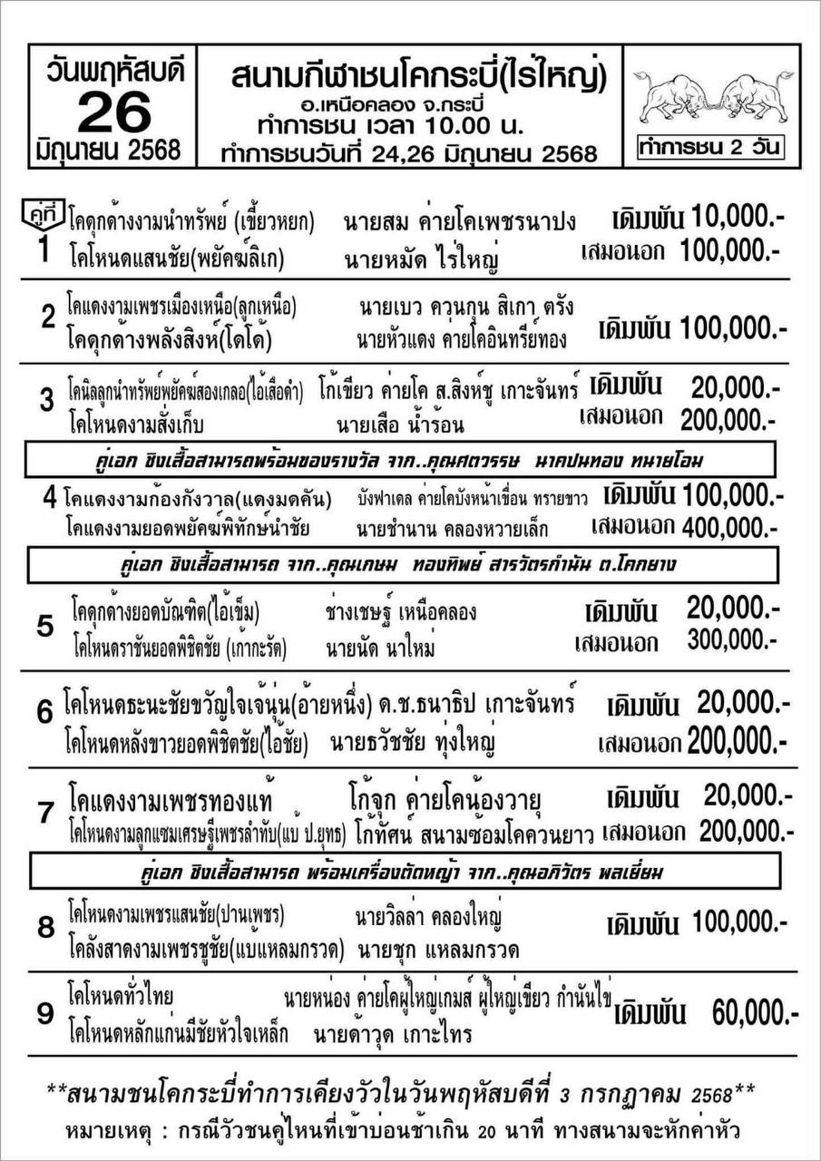 You are currently viewing โปรแกรมวัวชน สนามกีฬาชนโค กระบี่ 26 มิถุนายน 2568 รายการวัวชน