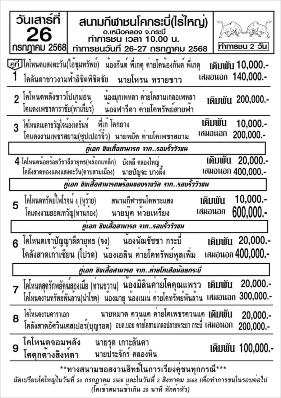 You are currently viewing โปรแกรมวัวชน สนามกีฬาชนโคกระบี่ 26 กรกฎาคม 2568 รายการวัวชน