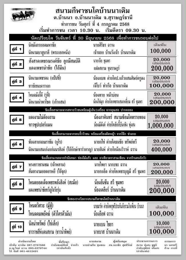 You are currently viewing โปรแกรมวัวชน สนามกีฬาชนโคบ้านนาเดิม 4 กรกฎาคม 2568 รายการวัวชน