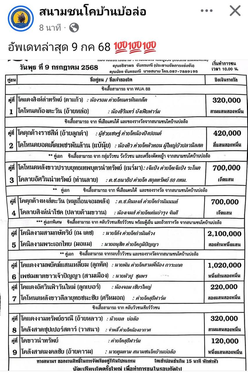 You are currently viewing โปรแกรมวัวชน สนามกีฬาชนโคบ้านบ่อล้อ 9 กรกฎาคม 2568 รายการวัวชน