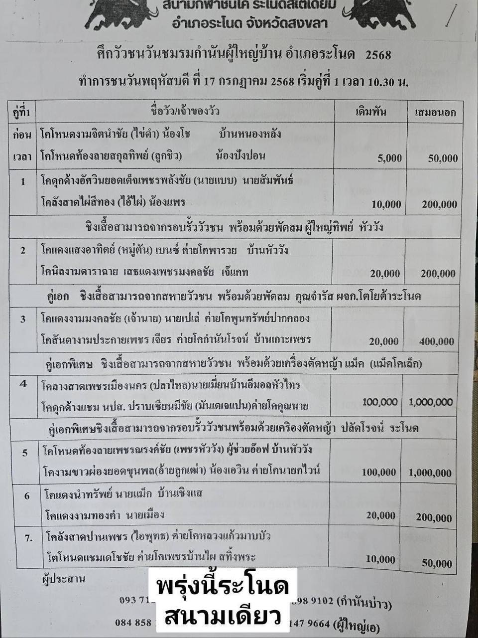 You are currently viewing โปรแกรมวัวชน สนามกีฬาชนโคระโนด 17 กรกฎาคม 2568 รายการวัวชน