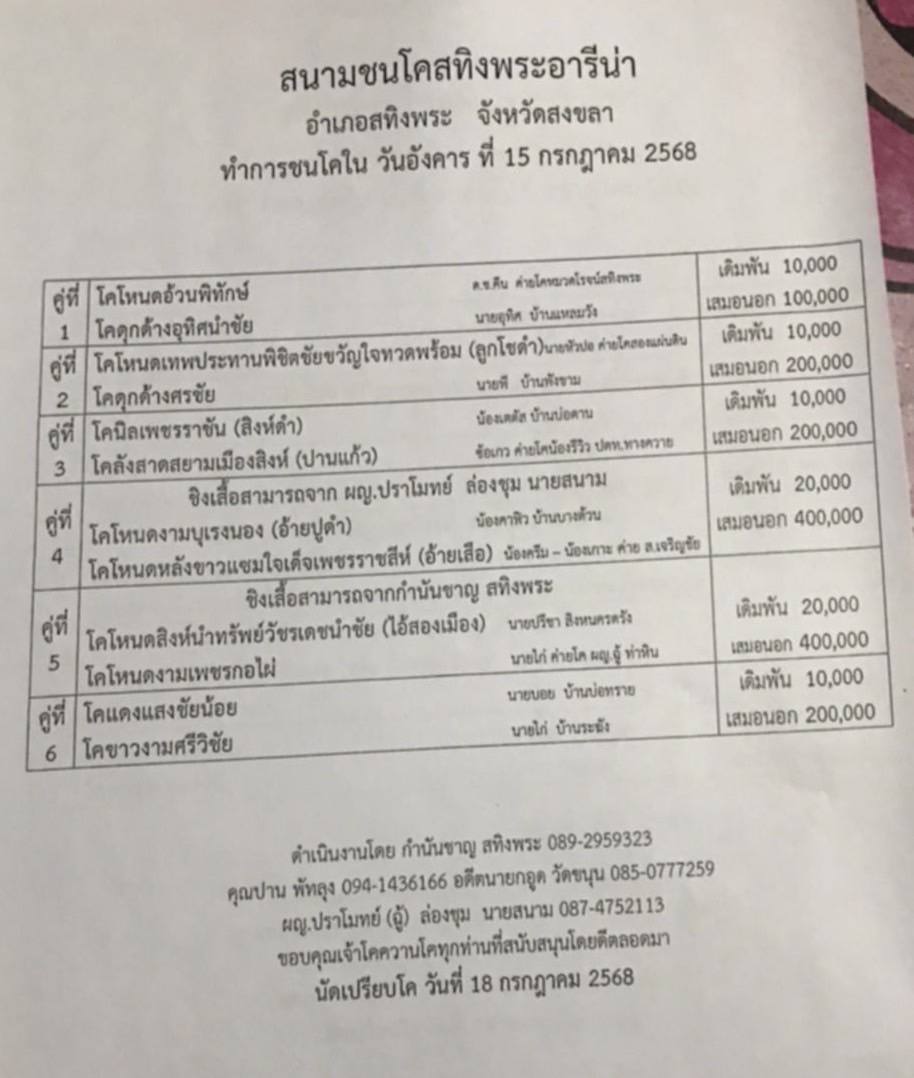 You are currently viewing โปรแกรมวัวชน สนามกีฬาชนโคสทิงพระ อารีน่า  15 กรกฎาคม 2568 รายการวัวชน