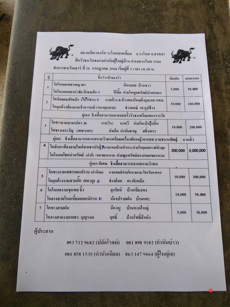 You are currently viewing โปรแกรมวัวชน สนามกีฬาชนโคสมหวัง 26 กรกฎาคม 2568 รายการวัวชน