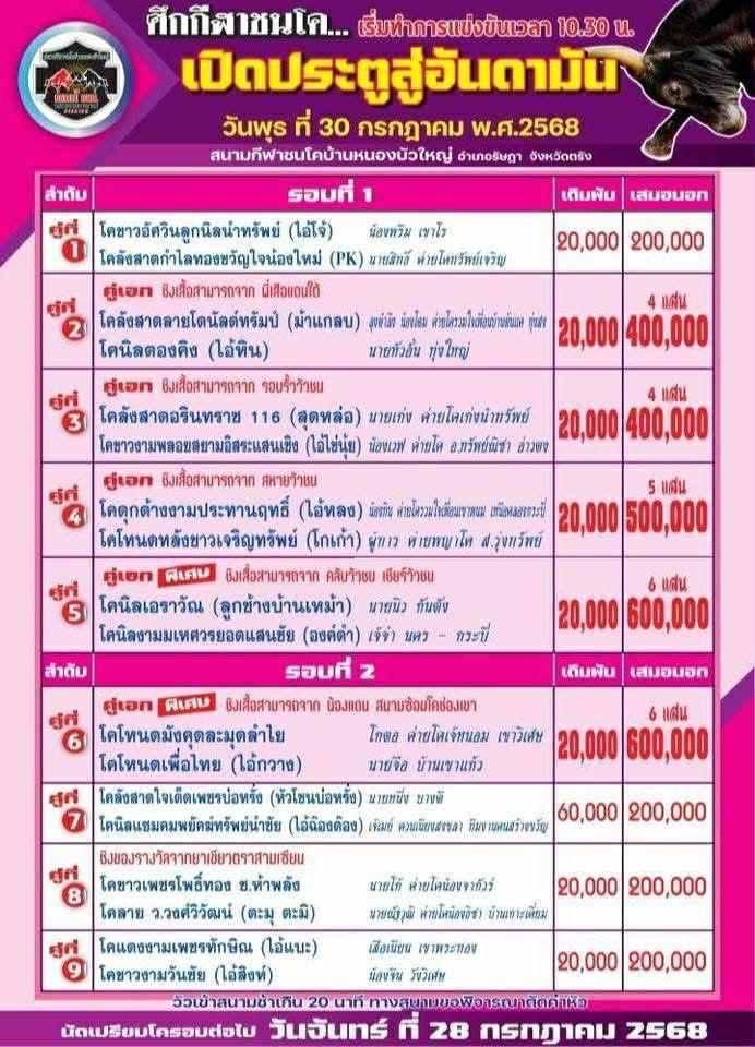 You are currently viewing โปรแกรมวัวชน สนามกีฬาชนโคหนองบัวใหญ่  30 กรกฎาคม 2568 รายการวัวชน