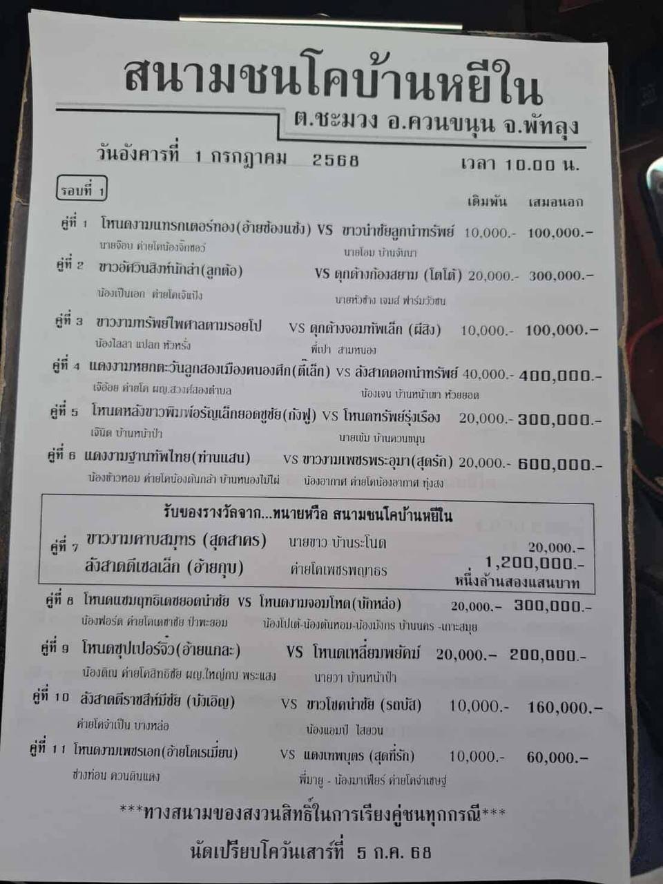 You are currently viewing โปรแกรมวัวชน สนามกีฬาชนโคบ้านหยีใน 1 กรกฎาคม 2568 รายการวัวชน