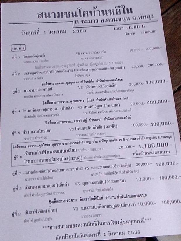 You are currently viewing โปรแกรมวัวชน สนามกีฬาชนโคบ้านหยีใน 1 สิงหาคม 2568 รายการวัวชน