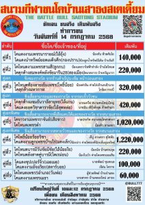 Read more about the article โปรแกรมวัวชน สนามกีฬาชนโคบ้านเสาธง 14 กรกฎาคม 2568 รายการวัวชน