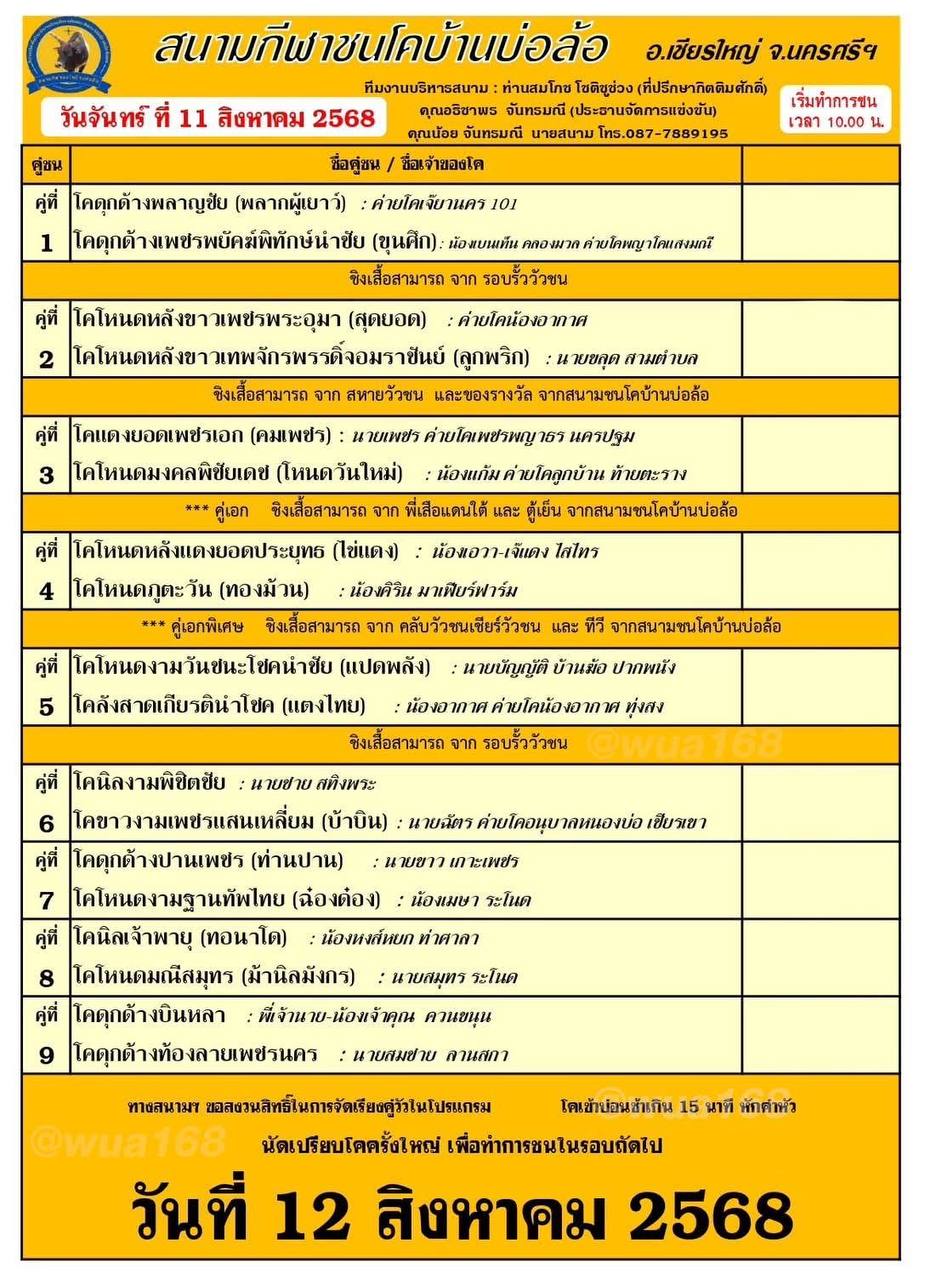 You are currently viewing โปรแกรมวัวชน สนามกีฬาชนโคบ้านบ่อล้อ 11 สิงหาคม 2568 รายการวัวชน