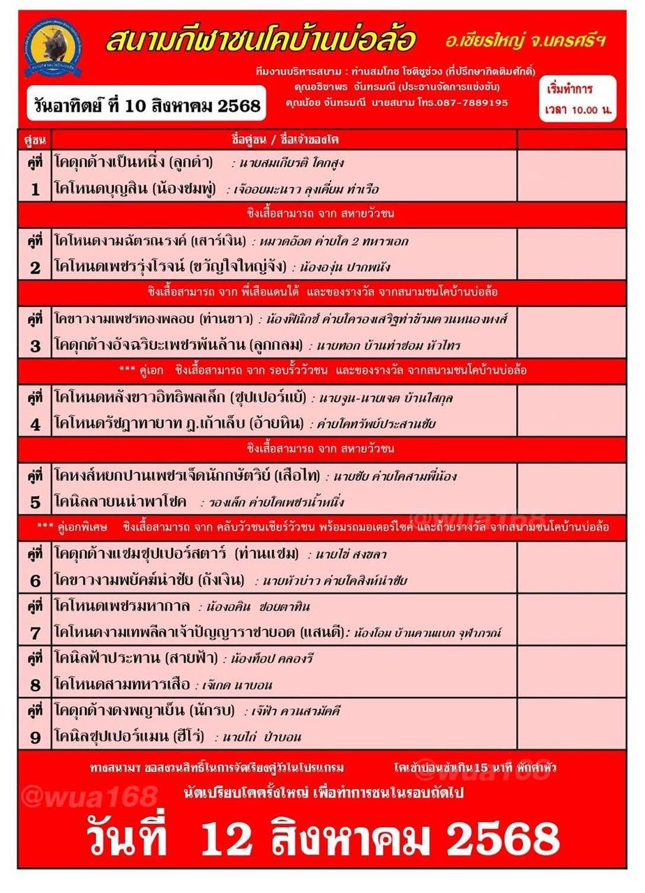 You are currently viewing โปรแกรมวัวชน สนามกีฬาชนโคบ้านบ่อล้อ 10 สิงหาคม 2568 รายการวัวชน