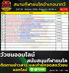 Read more about the article โปรแกรมวัวชน สนามกีฬาชนโคอำเภอนาทวี 10 สิงหาคม 2568 รายการวัวชน