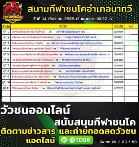 Read more about the article โปรแกรมวัวชน สนามกีฬาชนโคอำเภอนาทวี 14 กันยายน 2568 รายการวัวชน