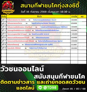 Read more about the article โปรแกรมวัวชน สนามกีฬาชนโคทุ่งสงซิตี้ 16 กันยายน 2568 รายการวัวชน