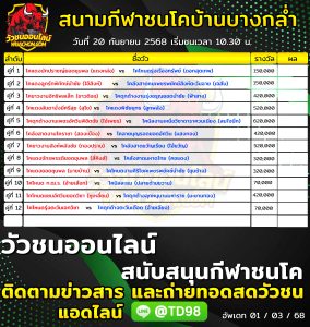 Read more about the article โปรแกรมวัวชน สนามกีฬาชนโคบ้านบางกล่ำ 20 กันยายน 2568 รายการวัวชน
