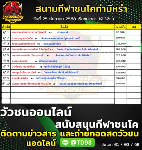 Read more about the article โปรแกรมวัวชน สนามกีฬาชนโคบ้านท่ามิหรำ 25 กันยายน 2568 รายการวัวชน