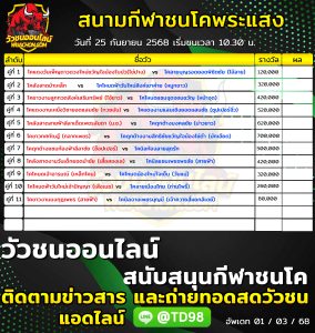 Read more about the article โปรแกรมวัวชน สนามกีฬาชนโคพระแสงคอมเพล็กซ์ 25 กันยายน 2568 รายการวัวชน