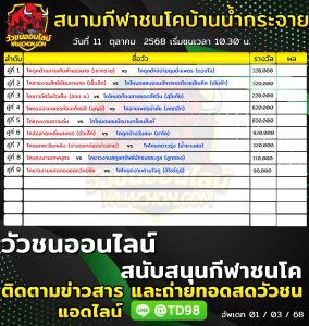 Read more about the article โปรแกรมวัวชน สนามกีฬาชนโคบ้านน้ำกระจาย 11 ตุลาคม 2568 รายการวัวชน