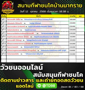 Read more about the article โปรแกรมวัวชน สนามกีฬาชนโคบ้านนาทราย 12 ตุลาคม 2568 รายการวัวชน