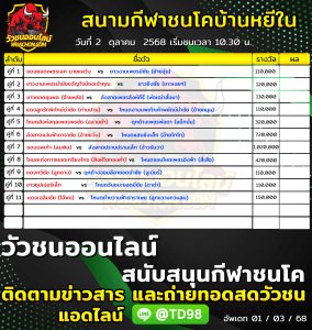 Read more about the article โปรแกรมวัวชน สนามกีฬาชนโคบ้านหยีใน 2 ตุลาคม 2568 รายการวัวชน